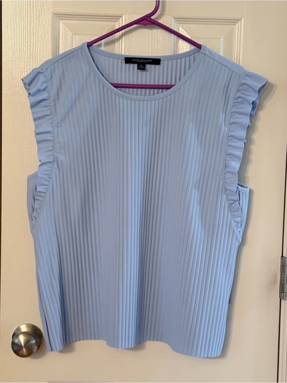 Marc New York Andrew Marc XL Light Blue Pleated Ruffle Sleeve Stretch Knit Top